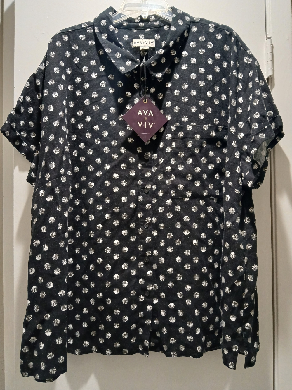 Ava & Viv Black Short-Sleeve Button-Down with White Polka Dots